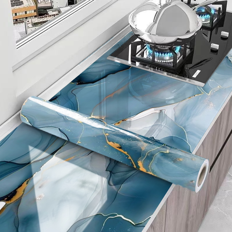 Commercial Kitchen Wall Panels - Blue Self-adhesive Wallpaper Kitchen Stove Waterproof