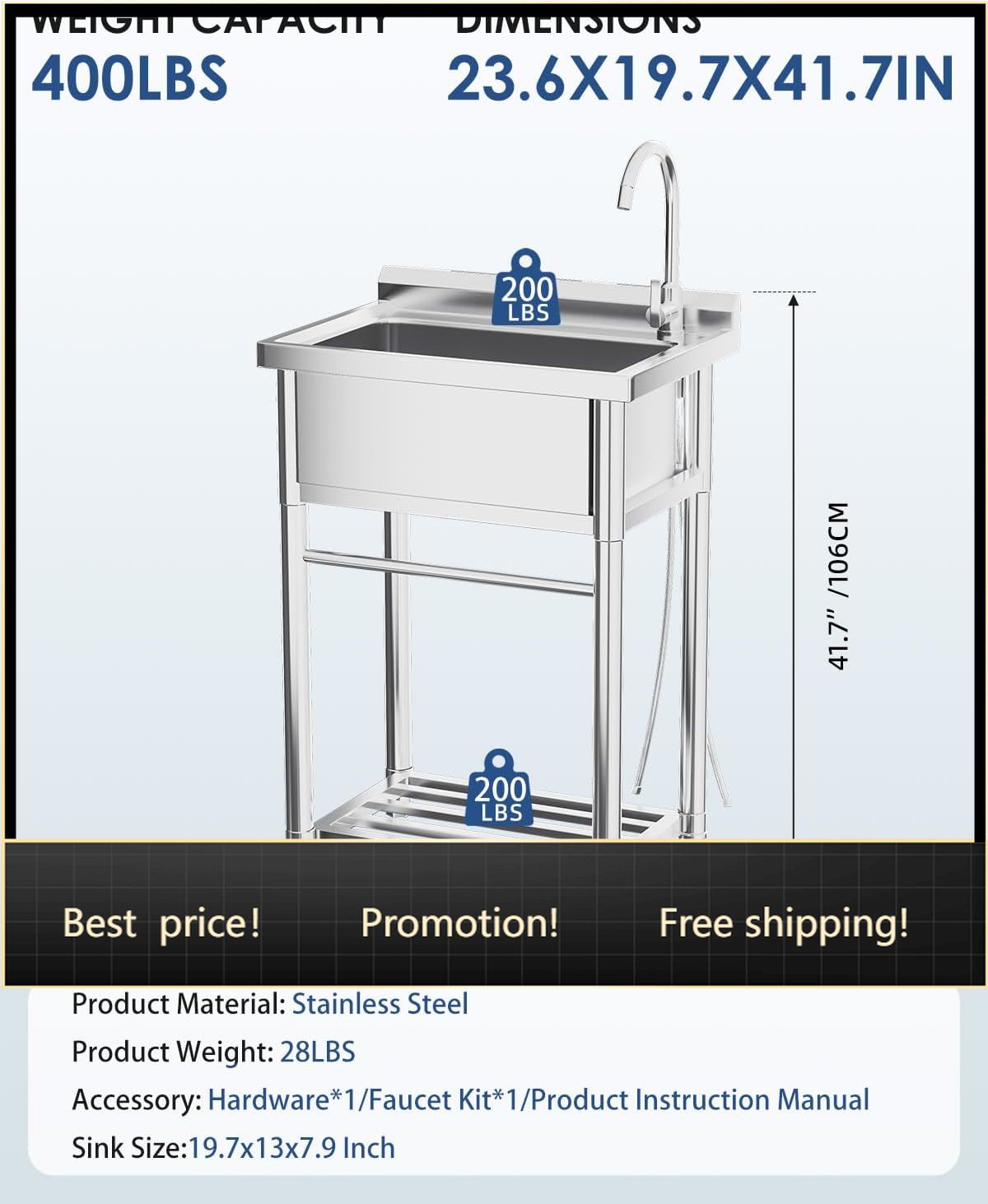 Commercial Kitchen Sink - Stainless Steel Utility Sink, Free Standing